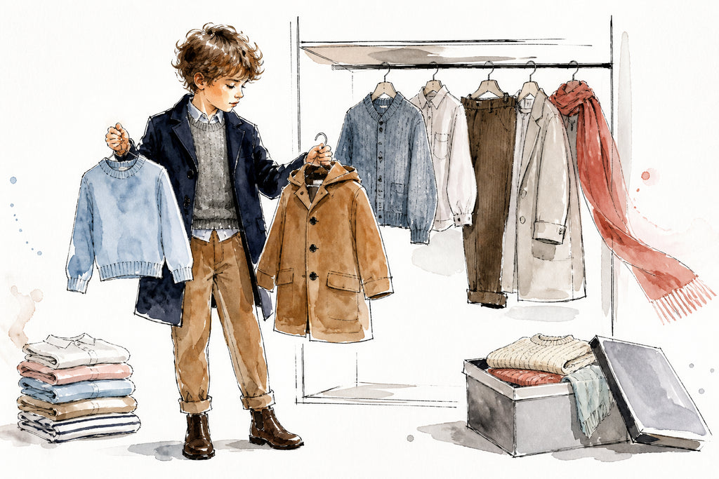 Watercolour illustration of children's shirts, sweatshirts, trousers and outerwear organised for a change of season