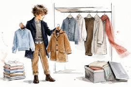 Illustrazione ad acquerello di camicie, felpe, pantaloni e capispalla da bambino ordinati per il cambio di stagione