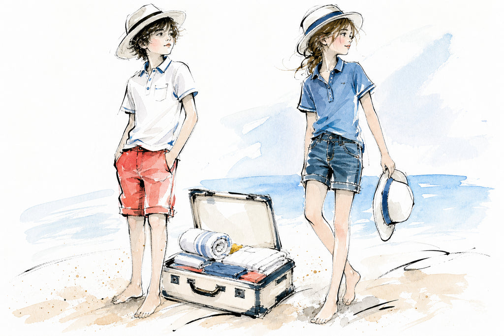 Valigia bambino con capi firmati estate: t-shirt, short e polo in cotone pronti per il mare