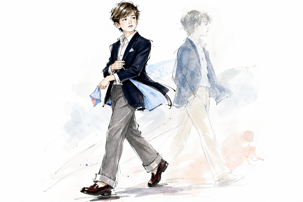 Completo cerimonia bambino firmato di qualità: blazer blu e camicia bianca su appendiabiti